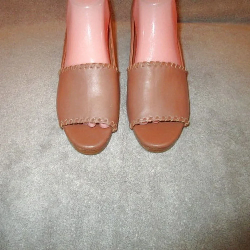Jack Rogers Palmer Stacked Wedge Sandals Womens Size 10 Whipstitched Leather